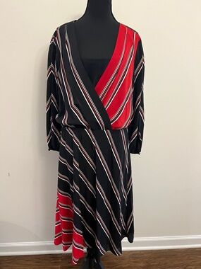 Women's Black & Red Striped Long-Sleeve Wrap Midi Dress